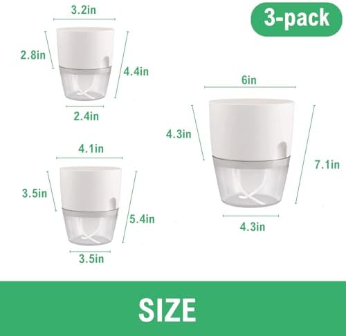 6/4/3Inch Watering Planters 4 Pack Plastic Wicking Pots White
