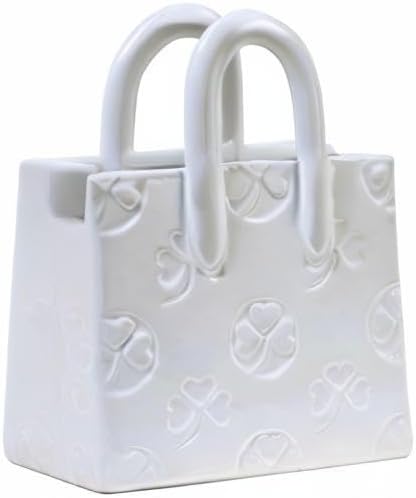 Handbag Shaped Ceramic Vase – White Small Decorative Vase with Clover Pattern, 5.9" L x 2.95" W x 7.08" H, Multi-Use for Flowers, Makeup Brushes & Pens, Elegant Gift for Women, Home & Wedding Decor