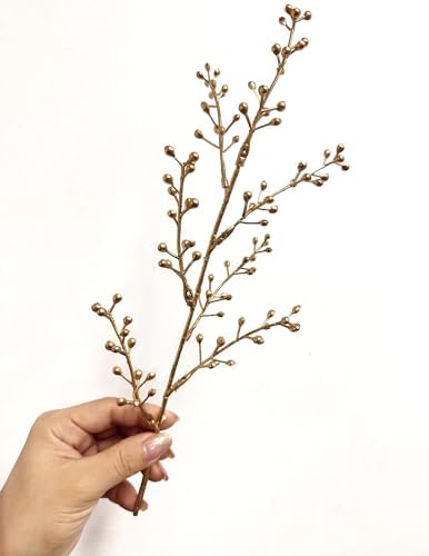 Artificial Golden Berry Stem Decorations, Fake Bead Sticks Picks Plastic Plants for Home Party Christmas Berries Stems Tree Ornaments Wreath Crafts DIY Gift Wedding Bouquet Xmas Decor Gold 6 Pcs