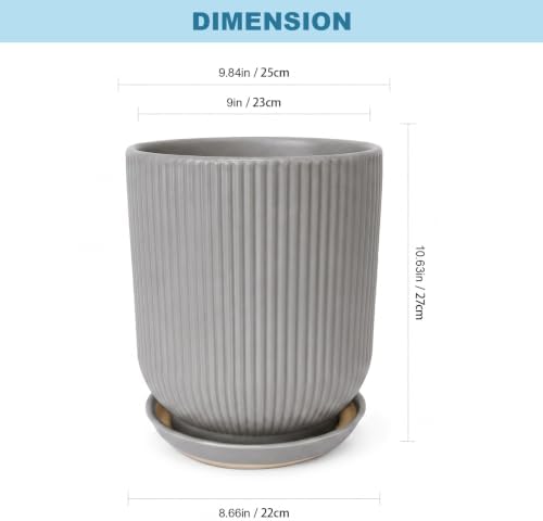 Deep Dream 10 Inch Ceramic Pots for Plants, Heavy Plant Pot for Indoor Outdoor Plants, Large Plant Pot with Drainage Hole and Saucer, Modern Tall Flower Pot, Gifts for Plant Lovers, Grey
