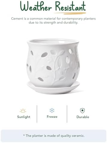 LE TAUCI Ceramic Orchid Pot, 6.5 Inch Orchid Pots with Holes, Orchid Planter for Repotting, Indoor Flower Plant Pot with Drainage and Saucer, White