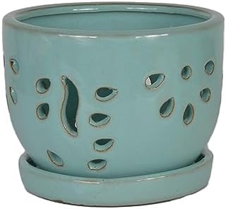 W&W Orchid Pot with Holes and Saucer for Repotting, Turquoise, 5.8"