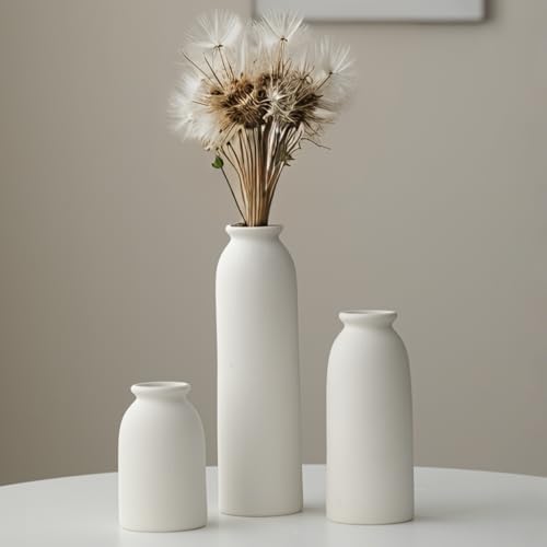 10.6 inches Tall Decorative Ceramic Vase Set, 3 Pieces, Nordic Modern Boho Style, White, for Home Decor (L White)