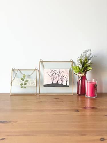 Glass Frame for Pressed Flowers, Leaf and Artwork - Hanging Square Metal Picture Frames, Clear Double Glass Floating Frame, Wall Decor Photo Display, Set of 2 Flower Press Frames with Chain (Gold, 10x10)