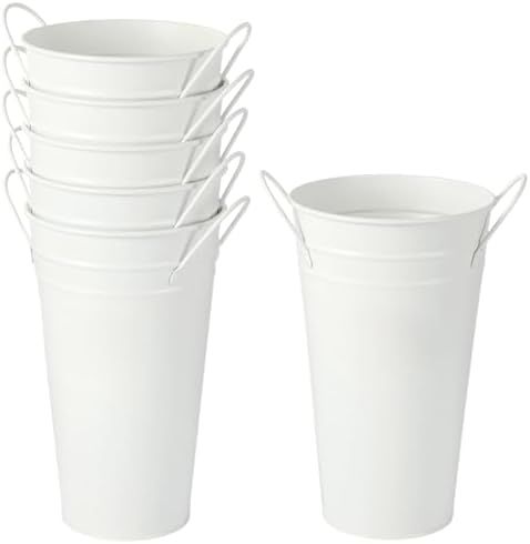 6 Pcs White Flower Buckets, Galvanized Metal Vases,9.8 Inches Flower Vase with Handles, French Flower Bucket，Rustic Farmhouse Vases for Home Decor Wedding Table Centerpiece