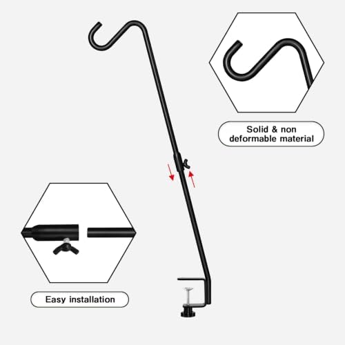 FEED GARDEN 2 Pack 29 Inch Adjustable Deck Hook,Solid Steel Deck Hangers for Bird Feeders,Lanterns, Flower Basket and Suet Baskets with Clamp,Black