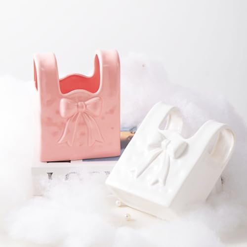 Ceramic Flower Vase Small Purse Vase White Bow Bag Vases Cute Home Decor Flower Vases for Centerpiece Table Shelf Living Room Women Gifts