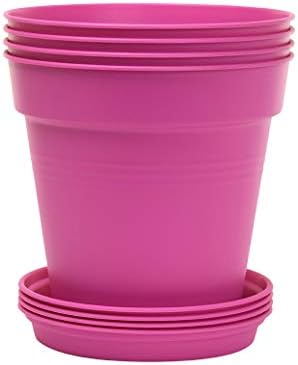 Mintra Garden Pots, 4 Pack Bulk Plastic Plant Pots with Drainage Tray, Round Indoor & Outdoor Decorative Planters with Drain Holes for Flowers, Herbs & Plants, 17cm Diameter – Fuchsia, 6.6 in