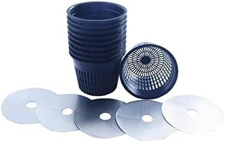 HORTIPOTS 5 Inch Net Pots Raised Center Bottom Mesh Side Wide Rim Round Cup with Free Reflective Top Lids for