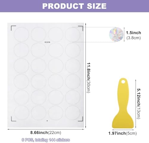 144 Pcs Static Circle Anti-Bird Collision Window Clings, Non Adhesive Prismatic Vinyl Rainbow Suncatcher Stickers, Reusable Window Decals to Prevent Bird Strikes with Scraper