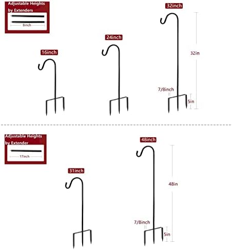 EXCMARK Shepherd Hook Adjustable Height 32/24/16’’ 1/2 inch Thick Use at Weddings, Hanging Solar Lights, Lanterns, Bird Feeders, Metal Hanger Hook (Black,32inch). U.S. Patent. (Pack of 2)