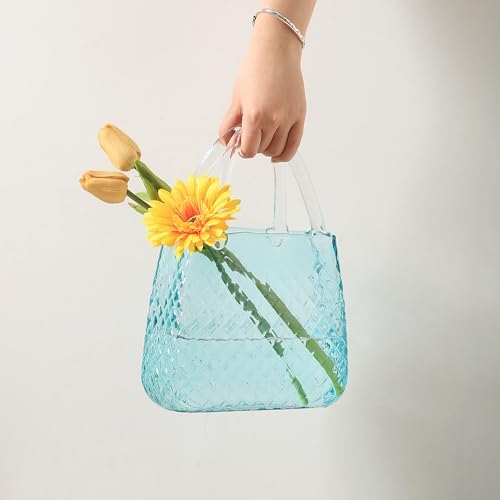 Purse Vase, Glass Bag Vase, Glass Purse Vase for Flowers, Blue Glass Vase, 12 Inch Large Flower Vase with Embossed Pattern for Wedding, Living Room, Bedroom, Table, Office(Round)
