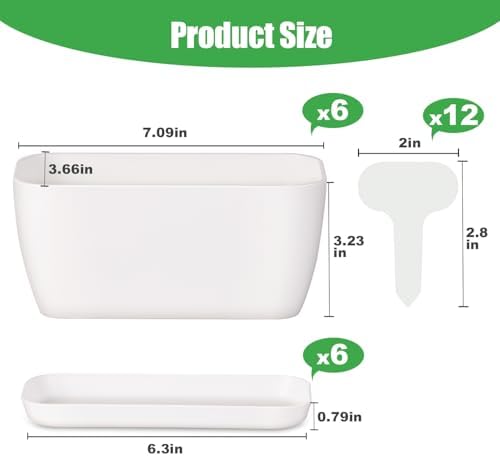Oliz 6 Set Window Herb Planter Box Rectangular, White Plastic Planters with Multiple Drainage Holes and Trays,Indoor Succulent Cactus Mint Flower Pot for Windowsill, Garden Balcony