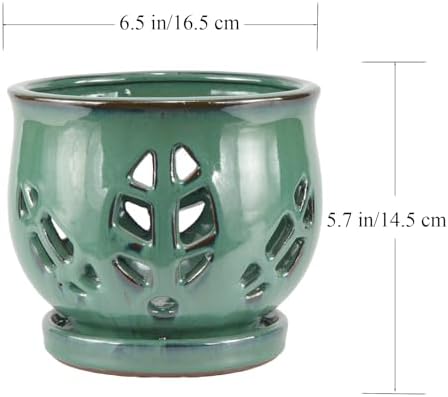 W&W Orchid Pot with Holes and Saucer for Repotting, Green, 6.5"