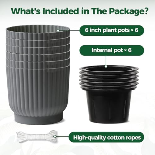 T4U Self Watering Pots for Indoor Plants, 6 Inch 6 Pack Planter Gray