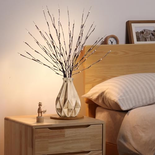 MENCH 3 Pcs*2 Twig Lights, Portable Battery Holder & Batteries Included, Lighted Branches for Vase, USB Plug-in Prelit Twigs, 60 Warm White LED Indoor Decor Lights