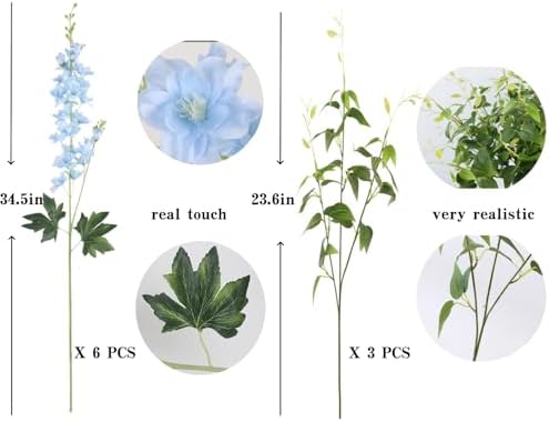 9 pcs Blue Delphinium Artificial Flowers, 34.25''Long Stem Silk Larkspur Fake Flowers Faux Delphinium Bulk for Home Wedding Garden Table Decor