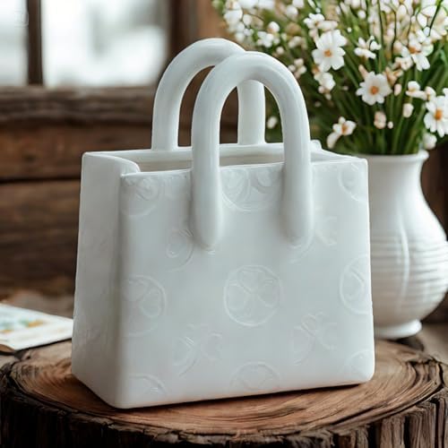 Handbag Shaped Ceramic Vase – White Small Decorative Vase with Clover Pattern, 5.9" L x 2.95" W x 7.08" H, Multi-Use for Flowers, Makeup Brushes & Pens, Elegant Gift for Women, Home & Wedding Decor