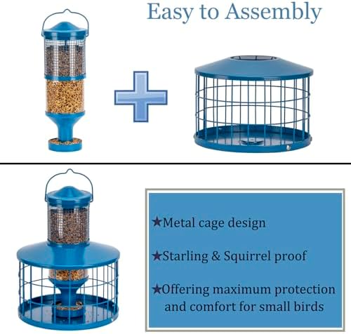 Caged Bird Feeders Squirrel-Proof, Metal, 2.8 Lbs Capacity-Cage Tube Seed Feeders with Tray Outdoor Hanging, Attract Birds,Detachable Cleaning, Starling Proof Wild Bird Feeder（Blue）