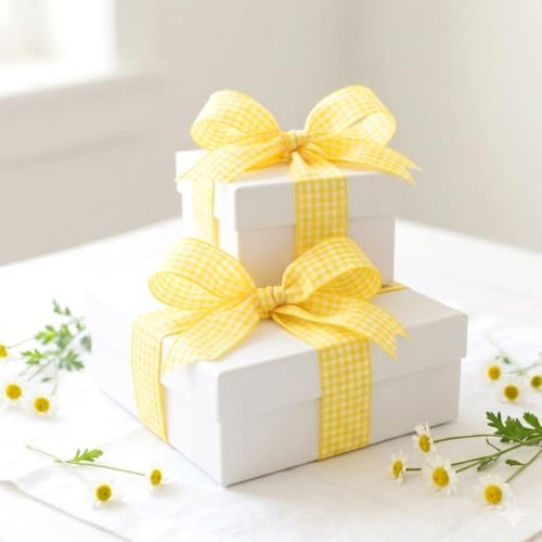 KINGLAKE Light Yellow Gingham Ribbon - 1'' x 25 Yds Yellow Plaid Ribbon