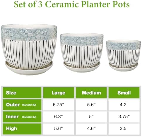 Hlukana Ceramic Plant Pots Set of 3, 6.75/5.6/4.2 inch Planters with Drainage Holes and Saucer, Flower Pot Outdoor Indoor, Modern Decorative Planters for House Plants Garden Planters Succulent Pots