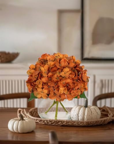 Hollyone Dark Orange Fall Hydrangea Artificial Flowers for Decoration with Glass Vase Silk Faux Flower Arrangements with Faux Water Fake Bouquet Table Centerpiece Vase with Flowers Autumn Home Decor