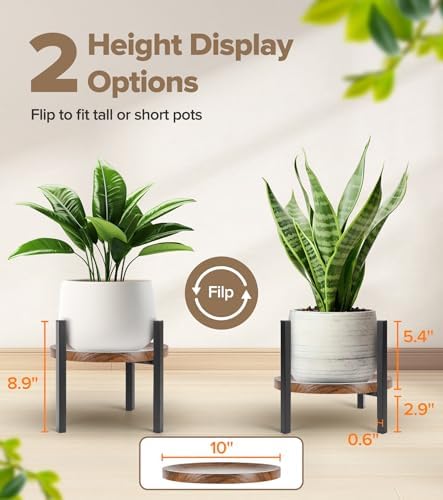 Plant Stand Indoor Adjustable with Walnut Wood Tray, Metal Modern Indoor Plant Stand, Heavy Duty Plant Stands Outdoor Corner, Stable Plant Holder, Fits 8 to 12 Inches Pots, Black, 1 Pack
