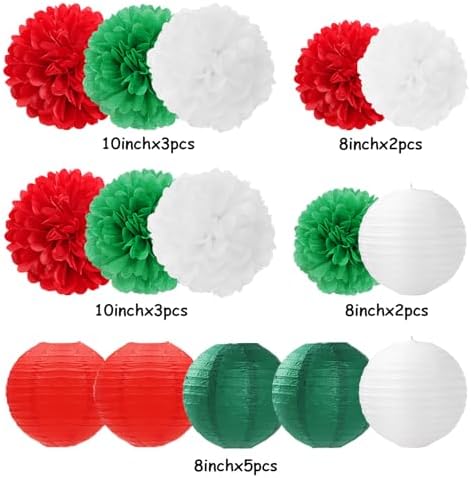 Red-Green White Party-Decorations Christmas Flowers Lanterns - 15PCS Italian Mexican Independence Day Paper Tissue Pom Poms Streamers,Mexico Italy Birthday Baby Shower Wedding Hanging Decor Hugfond