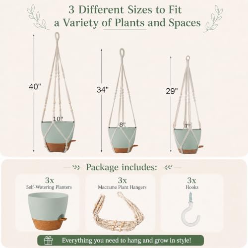 Bouqlife Large Hanging Planters with Macrame Plant Hangers for Indoor Outdoor Plants 3 Set 10" / 8" / 7" Self Watering Pots Hanging Baskets Flower Pot Holders 3 Different Size Green Large
