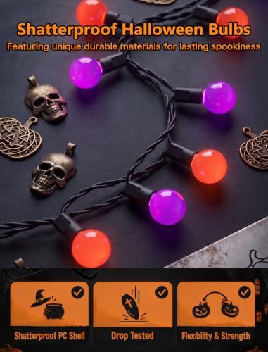 26FT Halloween Globe Mini String Lights, 50 LED Orange Purple Spooky Lights