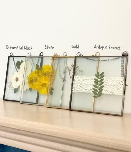 Glass Frame for Pressed Flowers, Leaf and Artwork - Hanging Square Metal Picture Frames, Clear Double Glass Floating Frame, Wall Decor Photo Display, Set of 2 Flower Press Frames with Chain (Silver, 6x6)