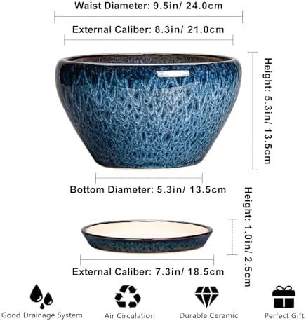 Ceramicfor Ceramic Pots for Plants - 9 Inch Plant Pot Indoor with Drainage Hole and Saucer, Ceramic Planters for Outdoor Plants, Round Modern Flower Pot, Housewarming Gifts, Home Decor, Blue