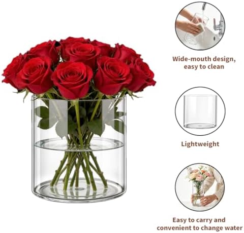 Clear Flower Vase, Non-breakable Vases, 4" W x 4" H, Acrylic Vase, Aesthetic Room Decor Cylindrical Modern Flower Vases for Table Centerpiece, Home Decor, Women Floral Arrangement Gift