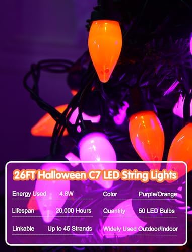 SUNSGNE 26FT Orange and Purple Halloween String Lights, 50 LED Bulbs