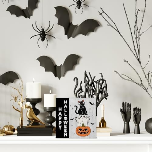Happy Halloween Wooden Decor, Ghost Cat Pumpkin Block Sign