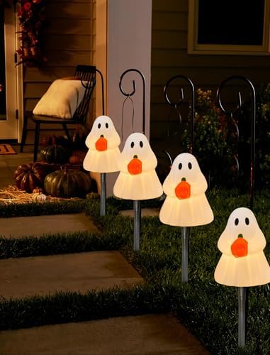 Halloween Ghost Pathway Lights, 7Ft Ghost Pathway Decoration Lights with 4 Clear C7 LED Bulbs, Ghost Pathway Extendable Pathway String Light for Halloween Holiday Outdoor Pathway Garden Walkway Decor