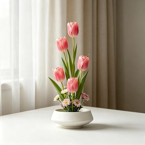 Ikebana vase kit Ceramic Flower Frog Set Kenzan Flower Shallow Bowl Flower Arrangement Kit Zen Decor for Home Office (White Small)