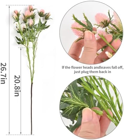 Artificial Thistle Spray Eryngium Flowers 2pcs Artificial Real Touch Eryngium Artificial Sea Holly Flowers for Wedding Bridal Bouquet Wreath Table Centerpiece Outdoor Decor (Pink)