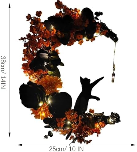 Halloween Wreath with Lights, Crescent Moon Cat Wreath for Door