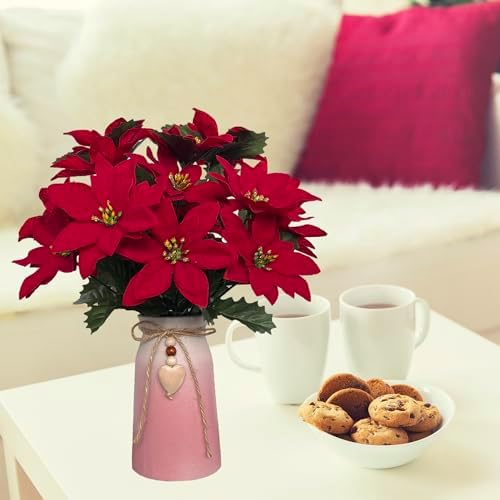 Artificial Poinsettia Christmas Flower Arrangement in Pink Vase, Festive Red Faux Flowers with Heart Charm for Home, Office & Holiday Décor