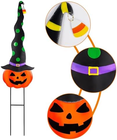 2 Pack Halloween/Thanksgiving Garden Decorations, Metal Jack-O-Lantern Yard Stakes with Witch Hats, Scary Yard Sign Outdoor Lawn Decor, Metal Pumpkin Art Garden Stake,Garden Sculpture Ornament