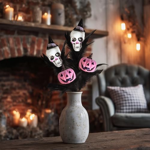 4PCS Halloween Decoration Pumpkin Artificial Floral Picks, Pink Pumpkin Skull Feather Halloween Branches Decorations for Vase Home Indoor Party Décor
