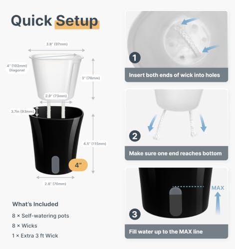 8 Pack 4" Self Watering Pots for Indoor Plants, Clear Inner Cup, Small Black Plastic Planters, Water Level Indicator, Drainage Holes, Extra 3ft Wick, Cuttings,Seedlings,Herb,African Violets