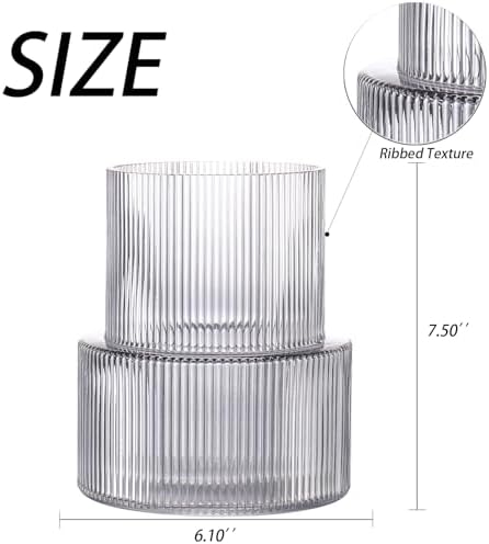 Black Glass Vase, Ribbed Glass Vase for Tulips, Flower Vases for Bouquet, Black Modern Vases for Living Room, Dining Table, Entryway, Mantle, Shelf, Wedding, Office, 7.5 Inches