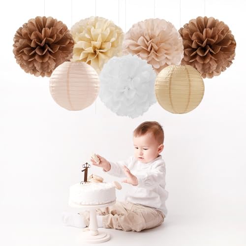 Boho Rustic Wedding Party-Decorations Paper Flowers Lanterns - 15PCS Fall Baby Shower Gender Neutral Streamers,Brown Champagne White Tissue Pom Poms,Autumn Birthday Bridal Decor Hugfond
