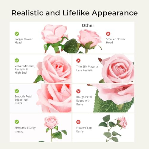Auihiay 60PCS Pink Roses, Artificial Roses, Fake Roses, Velvet Silk