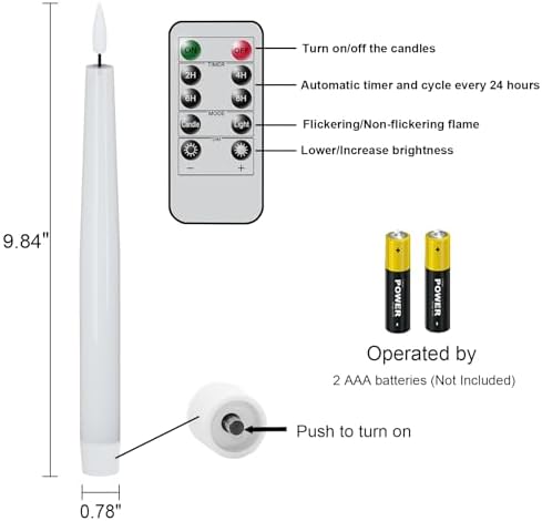 GenSwin Flameless Taper Candles, LED Taper Candles Battery Operated with Remote Timer, Set of 2 Real Wax White Flameless Candlesticks with 3D Flame for Home Weddin Party Holiday Decor (0.78” x 9.84”)
