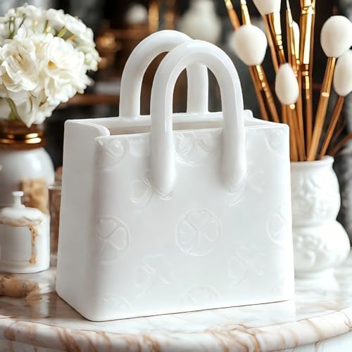 Handbag Shaped Ceramic Vase – White Small Decorative Vase with Clover Pattern, 5.9" L x 2.95" W x 7.08" H, Multi-Use for Flowers, Makeup Brushes & Pens, Elegant Gift for Women, Home & Wedding Decor