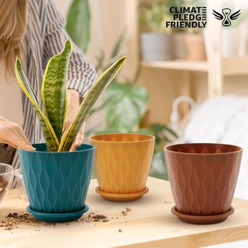 YNNICO 6 inch Plant Pots, 5 Pack Flower Pots Outdoor Indoor, Planters with Drainage Holes and Tray Saucers（Multicolor）