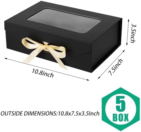 5 Pcs Black Gift Box for Presents with Ribbon 10.8x7.5x3.5 Inches Clear Gift Box with Window Magnetic Closure Gift Boxes with Lids